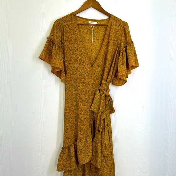 Max Studio - Yellow Ruffled White Floral Mid Short Sleeve Dress Size Medium - Picture 8 of 13